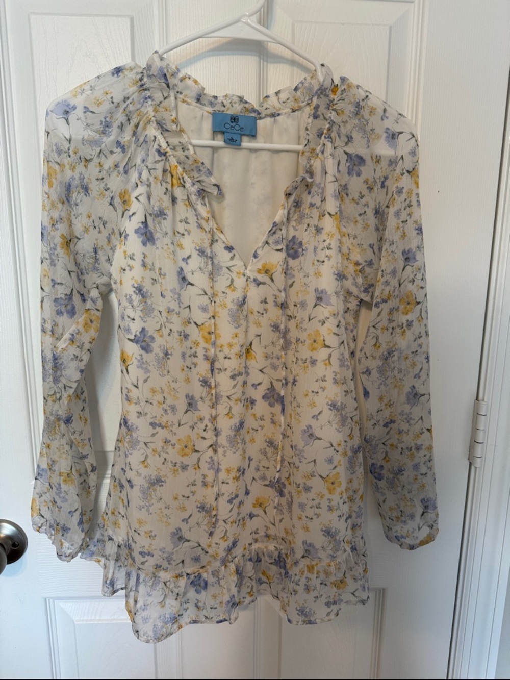 CeCe Sheer Floral Ruffle Tie-Neck Blouse in White, Blue & Yellow